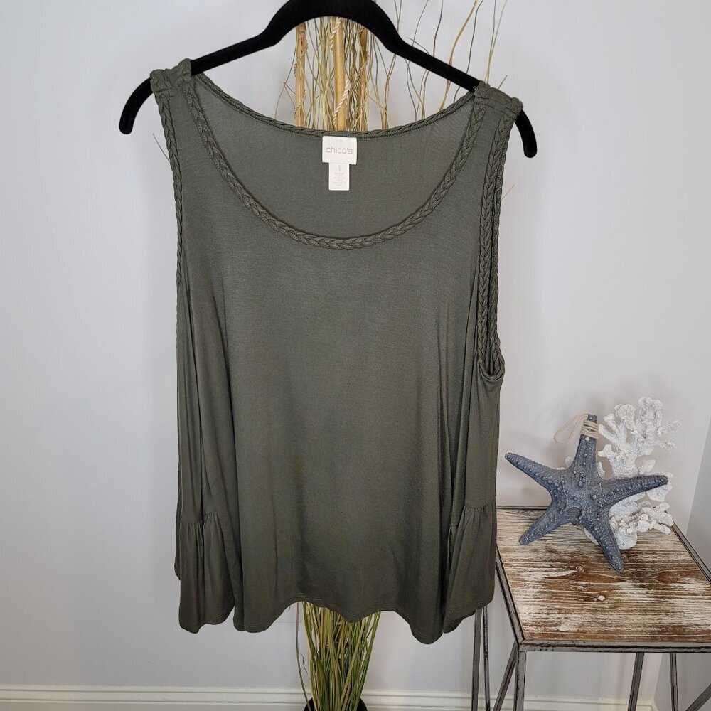 Chico's Cold Shoulder‎ Blouse Womens 1 (8) Olive Green Braid Trim Bell Sleeve